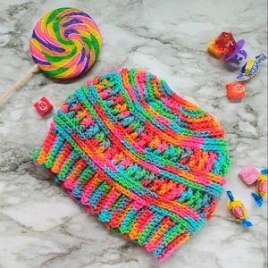 Candy colored messy bun hat